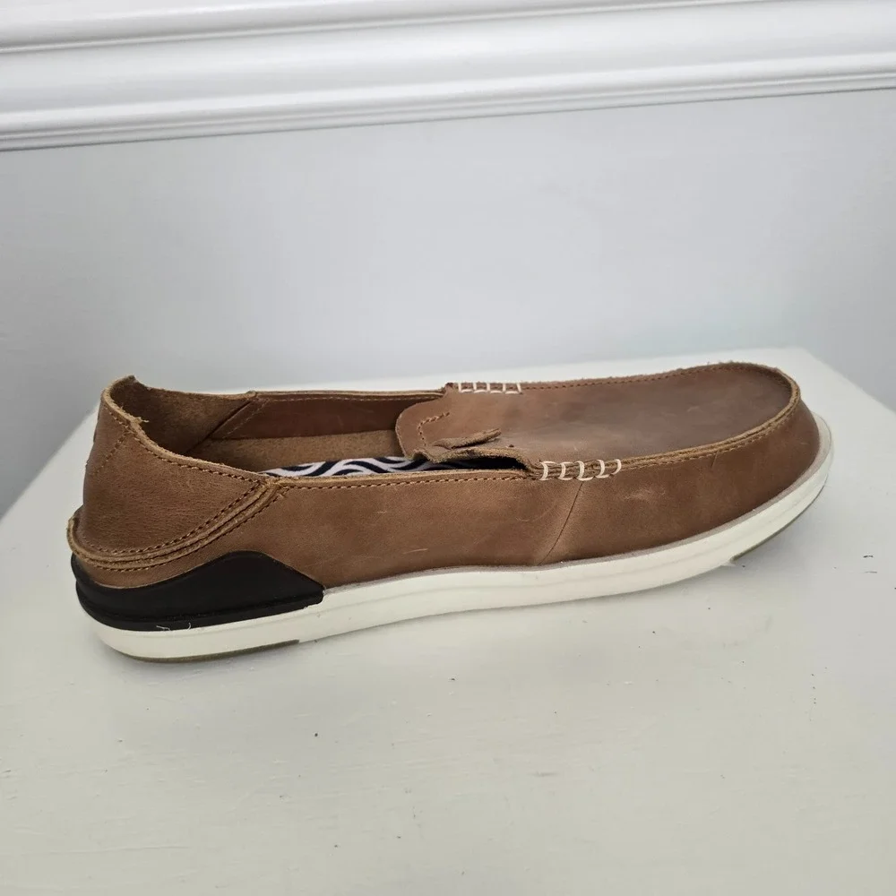 OluKai Mens Kakaha Leather Slip On Loafers Size 8.5 Brown Comfort Coastal Beach